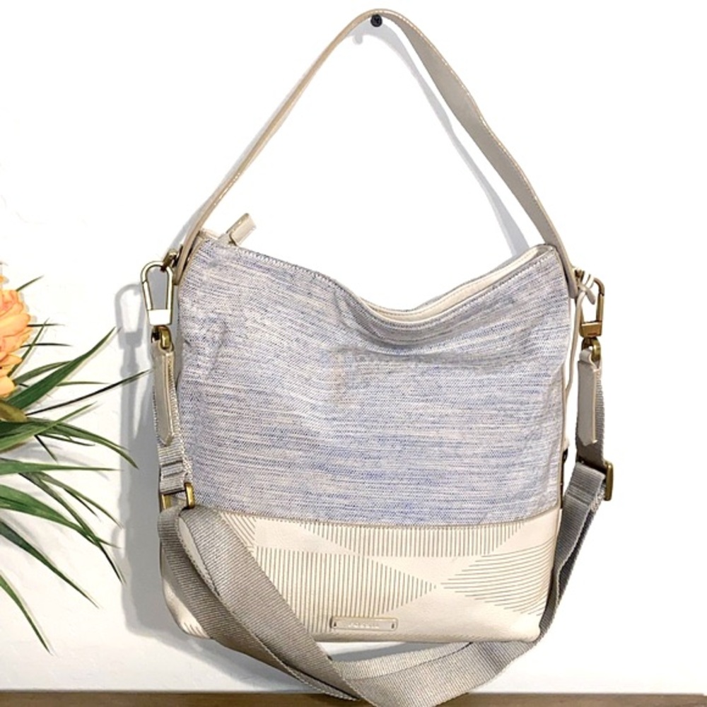 Fossil Maya Hobo Canvas Leather Cream Light Blue Crossbody
